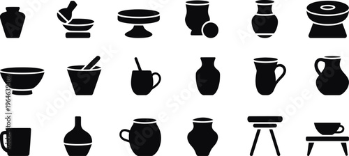 Black silhouettes of various ceramic kitchenware and pottery