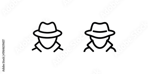 Spy wearing fedora hat and trench coat, secret agent concept, detective outline icon illustration