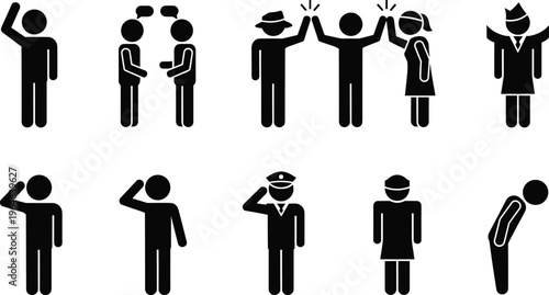 Vector Set of People Greeting Each Other with Diverse Gestures Including Saluting Bowing High Five Handshake and Waving Icons for Business and Military Communication