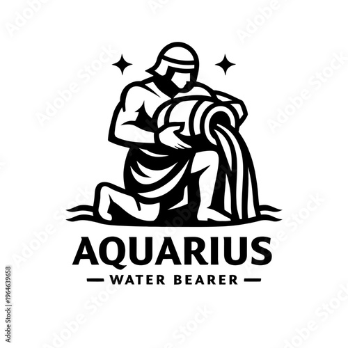 Black and white vector illustration of the Aquarius zodiac sign, depicting the iconic Water Bearer pouring from an amphora. This powerful symbol embodies intellect, innovation, and humanitarian spirit