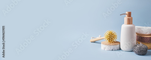 Sustainable kitchen cleaning products and liquid soap dispenser, banner format