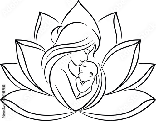 Elegant line art drawing depicting a mother tenderly embracing her newborn baby, nestled within the delicate petals of a beautiful lotus flower, symbolizing maternal love and new beginnings.