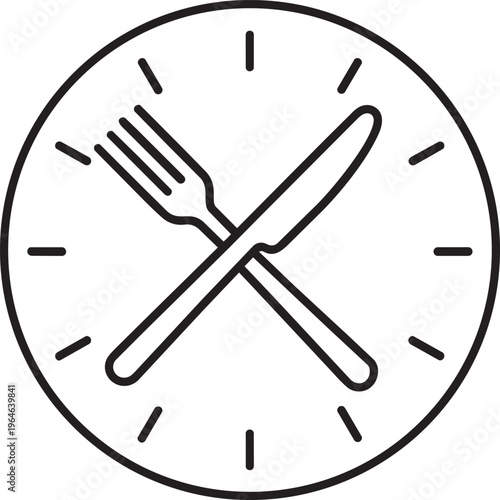 Outline icon of a clock plate with crossed cutlery inside representing dinner time restaurant reservations and eating
