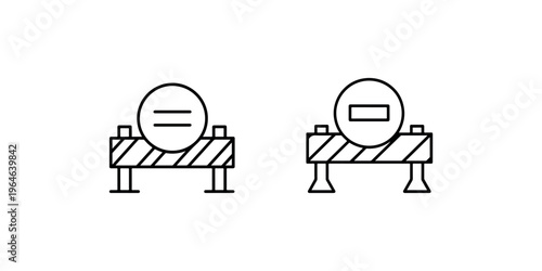 Construction barrier symbols with prohibition and information signs for road work, safety, detour, or temporary closure warning