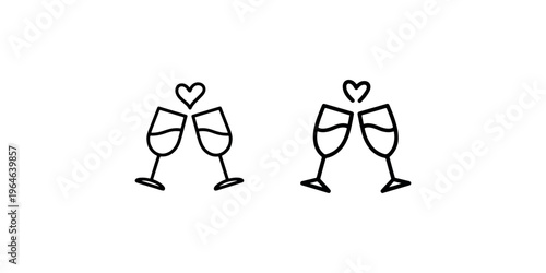 Champagne glasses toasting with heart symbol icon for celebration, romance, wedding, anniversary, or special occasion toast graphic