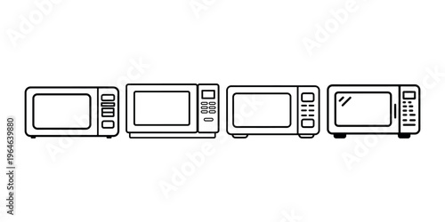 Microwave oven icon set showing different types of kitchen appliances for cooking food including front view digital electronics with buttons and timer