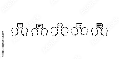 Dialogue and communication icon set showing human heads with speech bubbles representing talking discussion teamwork and exchange of ideas in group work