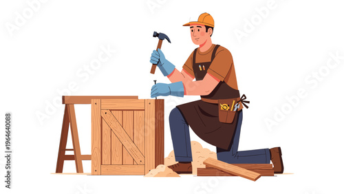 Craftsman at Work: A skilled craftsman, clad in a protective apron and gloves, meticulously hammers a nail into a wooden crate, embodying the essence of carpentry with focused precision.