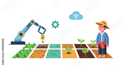 Smart Farming Automation: Robotic Arm Planting Seeds, Farmer Oversees Precision Agriculture with IoT Cloud Technology for Modern Crop Cultivation