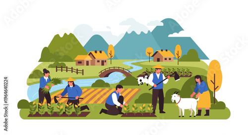 Sustainable Rural Farming Community: Farmers Cultivating, Harvesting Crops, Tending Livestock in a Vibrant Agricultural Landscape - Flat Illustration
