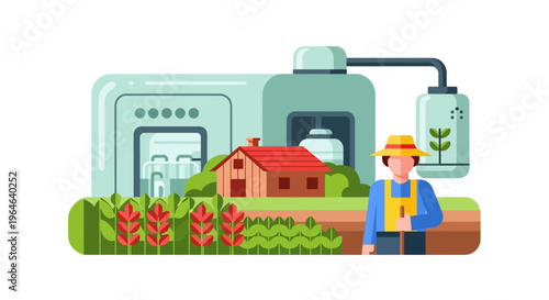 Farmer & Modern Smart Farming Technology Illustration: Sustainable Agriculture, Food Production & Innovation