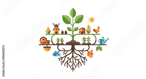 Sustainable Agriculture Ecosystem Illustration with Roots, Farm Elements, and Growth Cycle