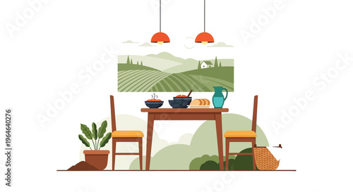 Rural Dining Table Scene: Fresh Home-Cooked Meal with Scenic Farmland View. Flat Design Vector Illustration of Rustic Countryside Life & Agriculture.
