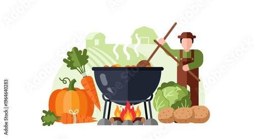 Farmer Cooking Fresh Harvest Vegetables in Cauldron Over Campfire - Organic Farm-to-Table Autumn Stew Illustration