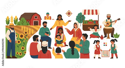 Diverse Community Life: Vibrant Illustration of People, Rural Agriculture, Cultural Traditions, Education, Local Market & Sustainable Living