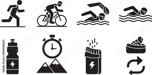 Triathlon sports icon set, black silhouette athlete symbols for swimming cycling and running, endurance race training vector elements isolated PNG with Transparent Background
