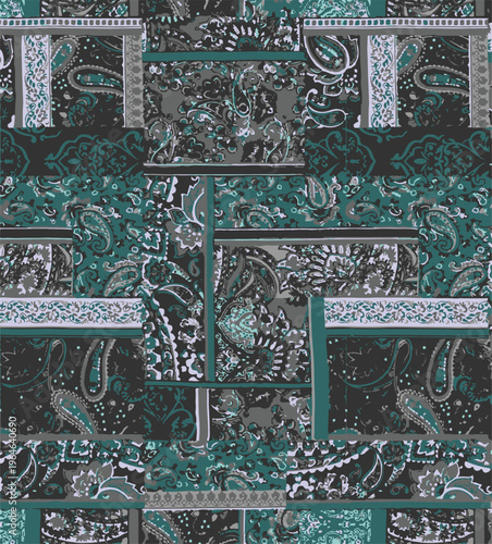 Patches work Bandana paisley, Traditional patch work,  folk fashion, Cultural, collage seamless eps vector file
