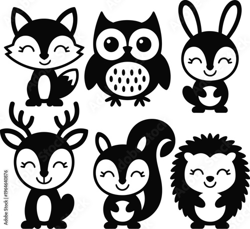 A set of cute forest animal icons in black and white silhouette