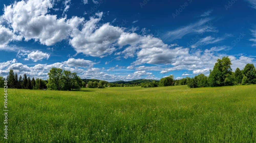 Obraz premium A green field under a blue sky with white clouds