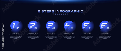 Horizontal Dark Tech Infographic Template with Glassmorphism Effect, Numbered Step Process Icons and Timeline Progress Diagram for Presentation, Workflow Layout, Banner, and Flowchart