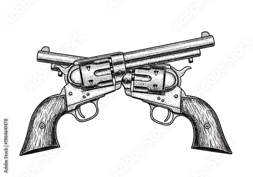 Vintage Crossed Revolvers Illustration, Antique Wild West Handguns Engraved Style, Western Cowboy Themed Line Art