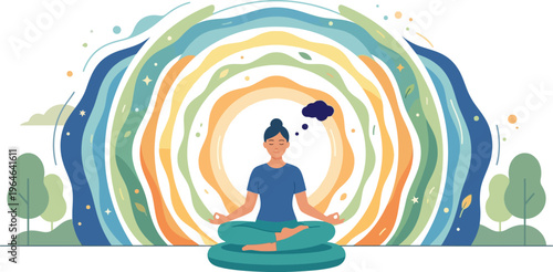 Woman meditating in lotus pose surrounded by colorful aura waves representing deep mindfulness, inner peace, spiritual healing, mental wellness and calm relaxation.