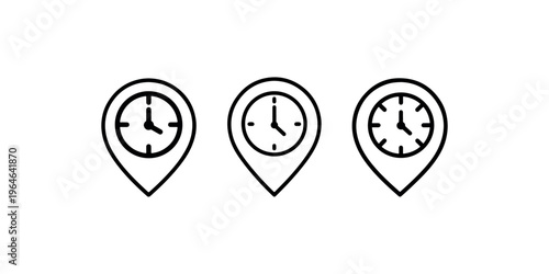 Set of location map pin icons with clock face showing different time hours in linear style symbol for delivery schedule or appointment schedule management