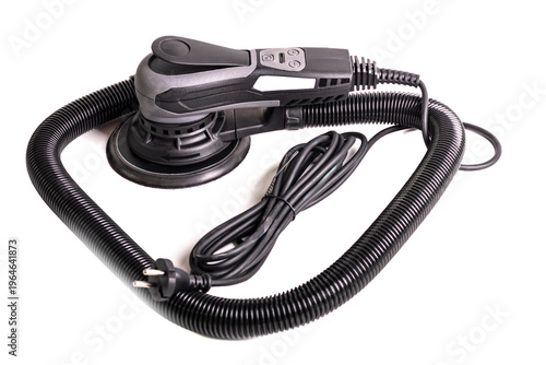 Orbital sander is shown on a white background with a long power cord and a dust collection feature for woodworking tasks