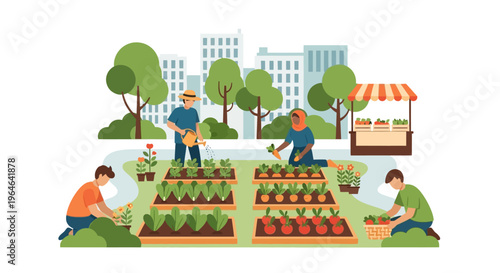 Diverse People Cultivating an Urban Community Garden with Fresh Vegetables and Produce Market Stall