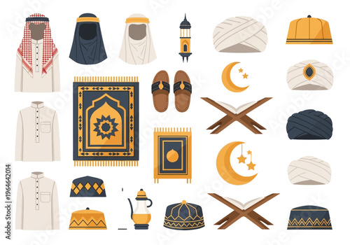 Comprehensive Collection of Arabic and Islamic Cultural Icons, Traditional Clothing, and Religious Symbols Vector Set