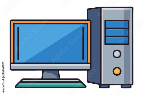 Computer workstation with tower beside widescreen monitor on white