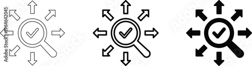 Search Optimization and Analysis Icons Set – Magnifying Glass Checkmark with Arrows Vector