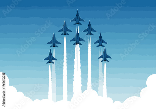 Vector Illustration of Jet Fighter Planes Flying in Formation Through Blue Sky with White Contrails; Concept for Teamwork, Leadership, and Military Power