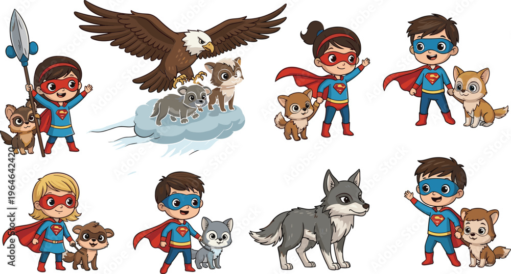 Fototapeta premium Superhero Kids with Animals, Featuring Action Poses with Eagles, Wolves, Puppies, and Heroic Adventures