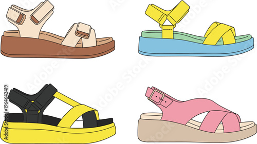 Set of trendy summer sandals in different styles and colors isolated on white background fashion footwear vector illustration collection