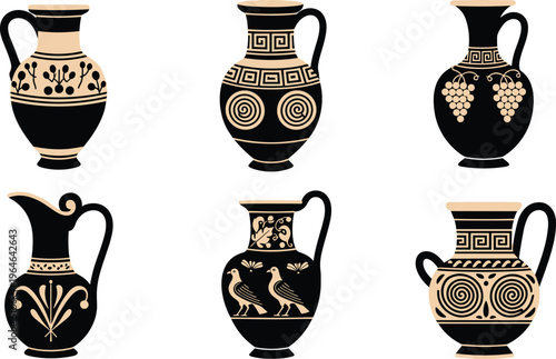 Ancient Greek Pottery Vector Set with Decorative Amphora Vases, Classical Patterns and Mythological Motifs for History, Culture and Museum Illustration Design