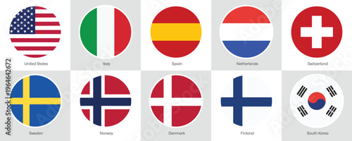 World Country Flag Circle Icons Set with Names Vector Illustration USA Italy Spain Netherlands Switzerland Sweden Norway Denmark Finland South Korea