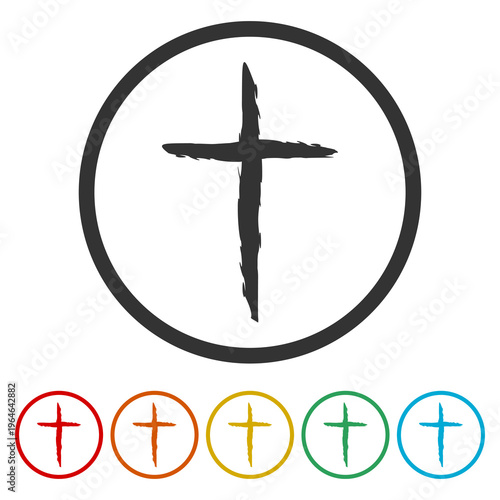 Christian cross hand drawn icon. Set icons in color circle buttons