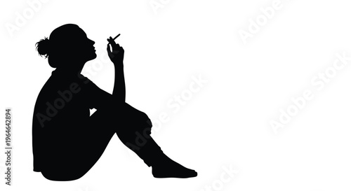 Silhouette vector graphic of a young woman sitting and smoking a cigarette in a contemplative posture.