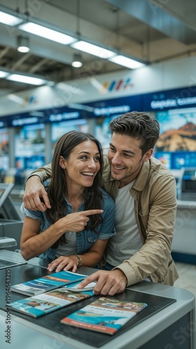Young couple smiling and planning their trip at a travel agency with brochures