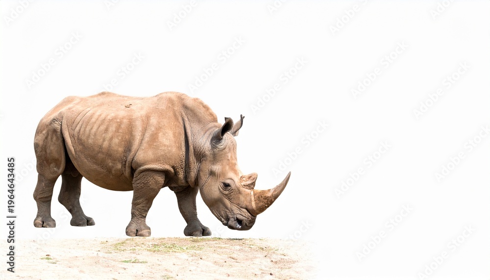 Fototapeta premium Rhinoceros standing horns grazing white background