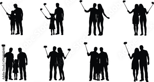 Vector silhouette set of families and couples taking selfie photos using monopod sticks isolated on white background for social media and travel designs.