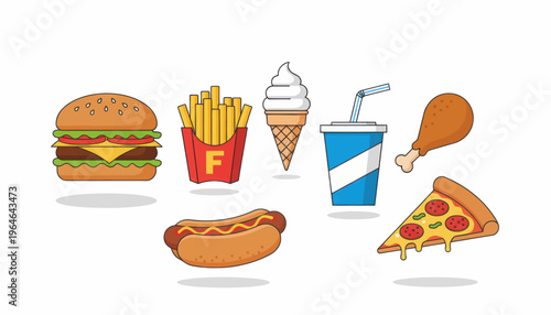 Flat vector fast food icon set with burger pizza fries chicken soda and hot dog