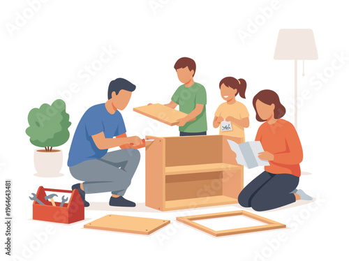 Family assembling furniture at home.