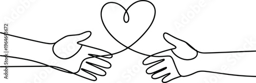 Abstract connection of hands forming a heart single line drawing love symbolism