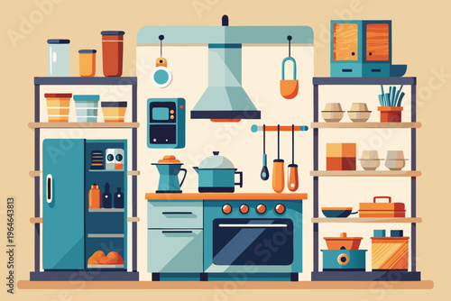 Kitchen range and shelving with cookware organized in home