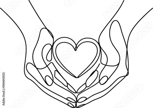 Hands Cupping Heart Shape Continuous Line Drawing Minimalist Style