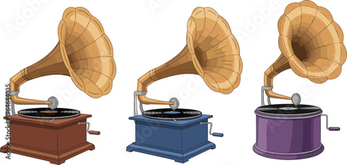 Set of vintage gramophones with horn speakers isolated on white background antique music player vector illustration collection