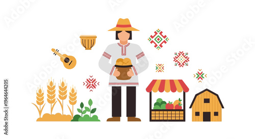 Traditional Farmer, Harvest & Folk Culture Flat Vector Illustration with Market, Wheat & Barn