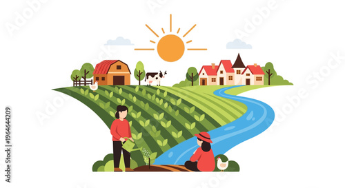 Sustainable Farming Scene: Women Cultivating Crops in Rural Landscape with Village, River & Sun | Agriculture